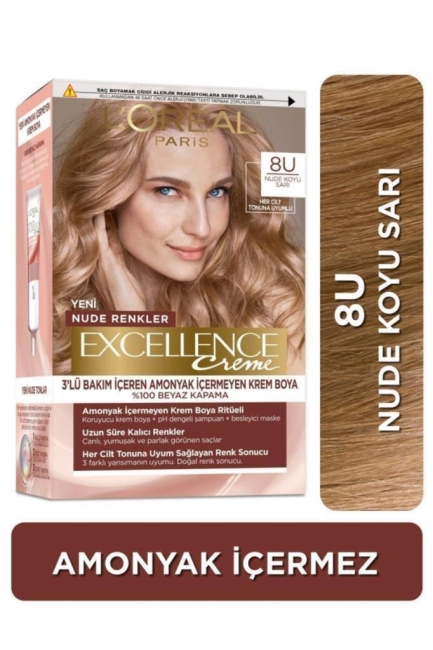 L’Oréal Paris Excellence Creme Nude Renkler Saç Boyası – 8U Nude Koyu Sarı