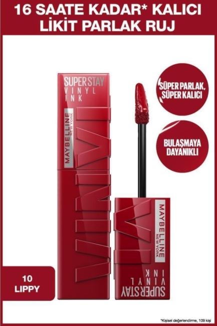 Maybelline New York Super Stay Vinyl Ink Uzun Süre Kalıcı Likit Parlak Ruj 10 Lippy